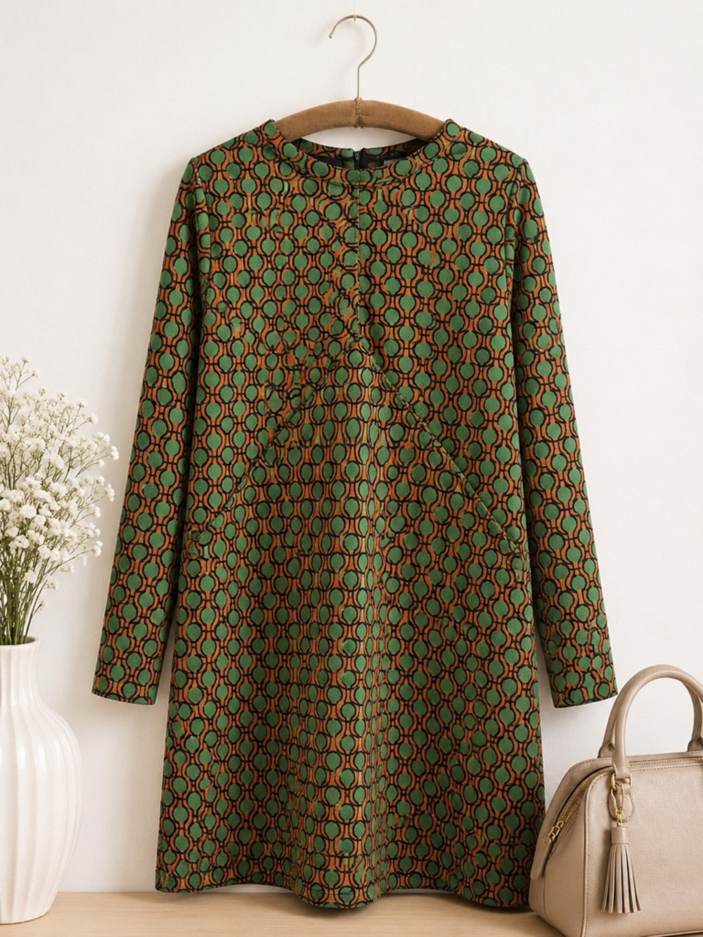 Maeve by Anthropologie Green Orange Geometric Jacquard Shift Dress Small Petite